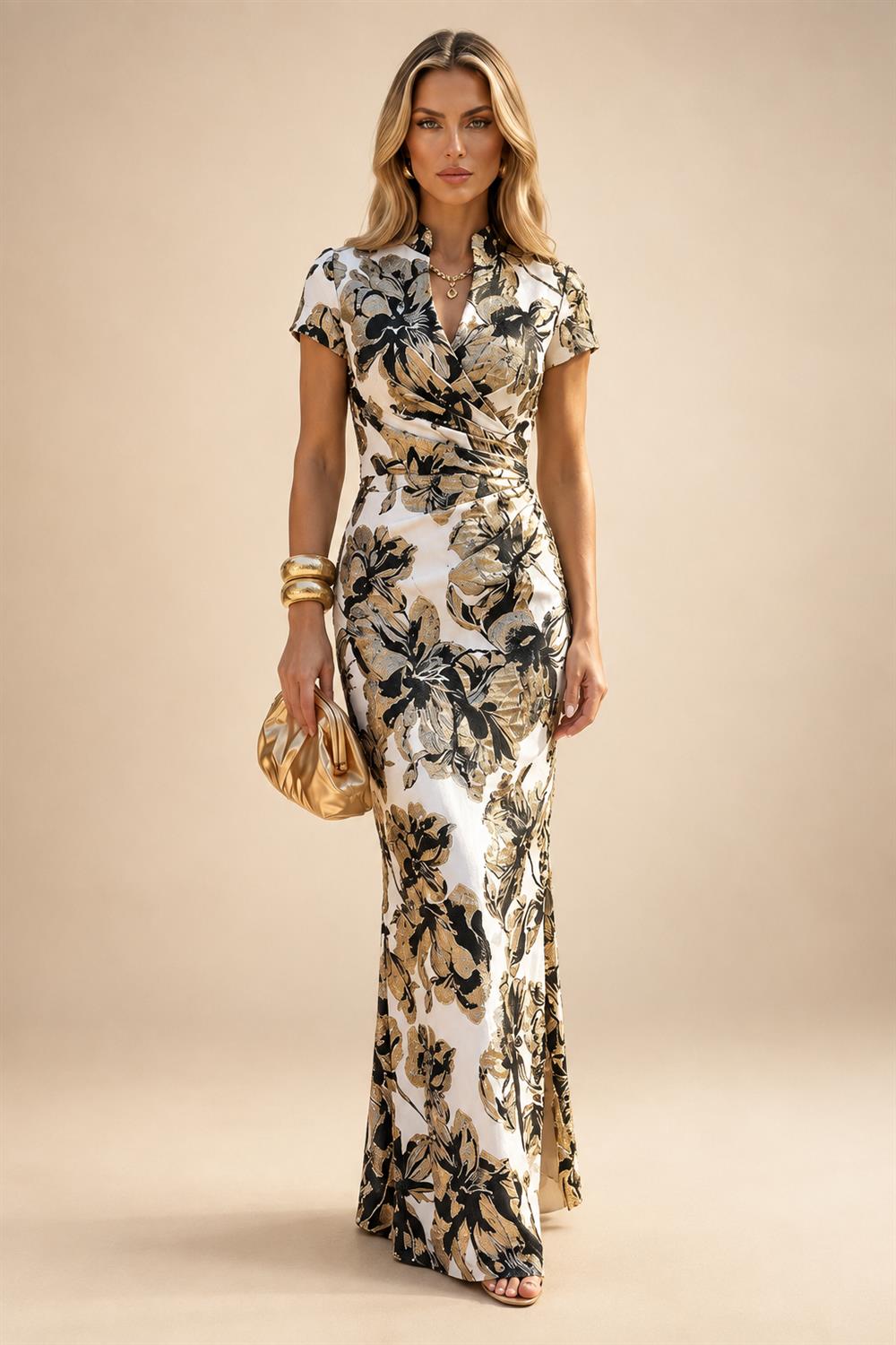 Jacquard Sheath/Column V-Neck Floor-Length Mother of the Bride & Groom Dresses with Ruched Waist