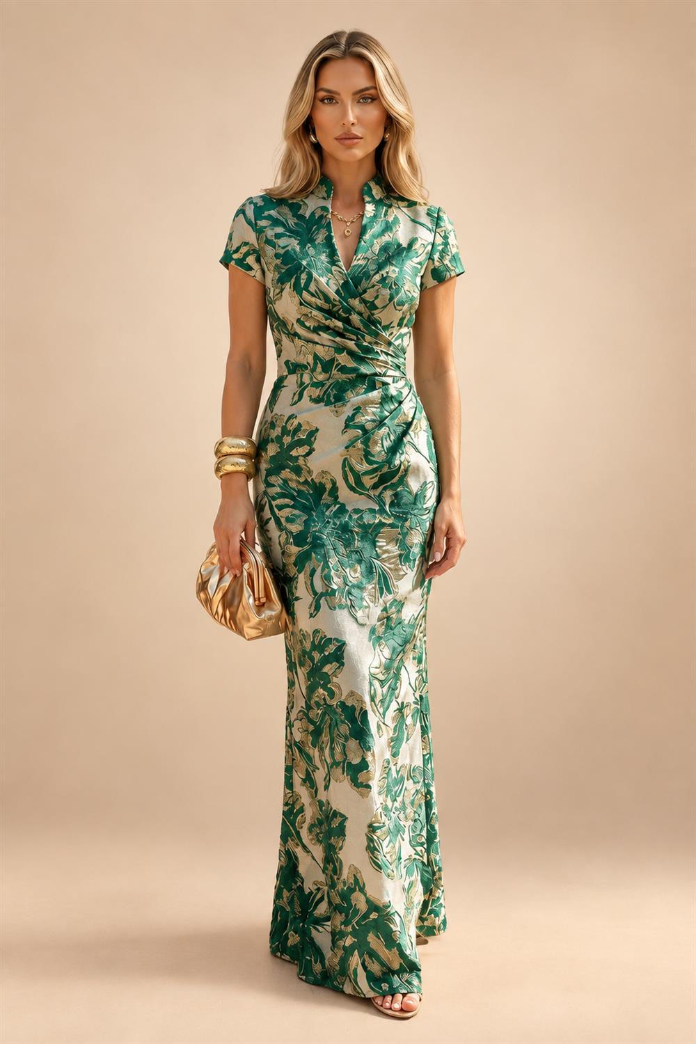 Jacquard Sheath/Column V-Neck Floor-Length Mother of the Bride & Groom Dresses with Ruched Waist
