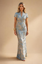 Jacquard Sheath/Column V-Neck Floor-Length Mother of the Bride & Groom Dresses with Ruched Waist