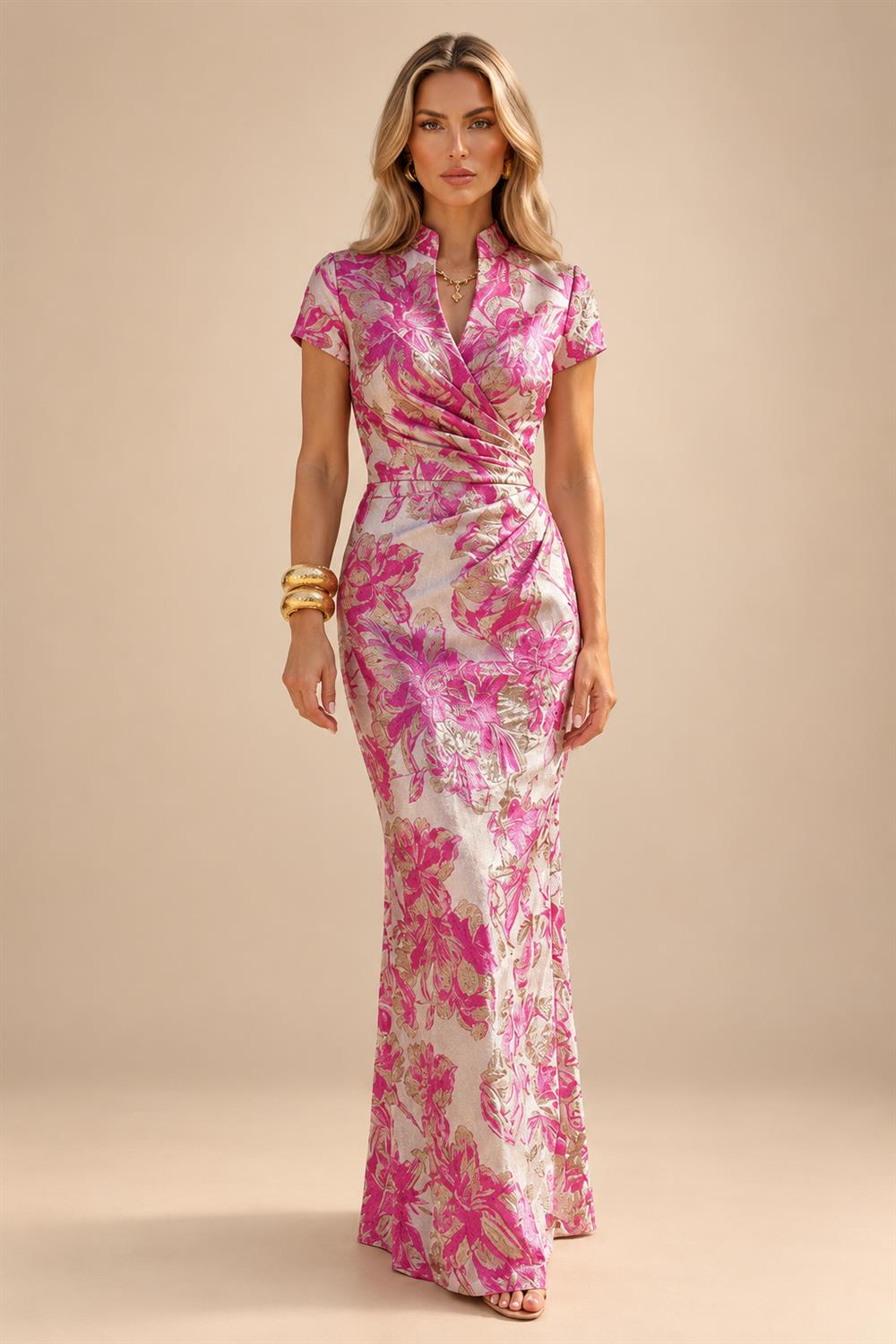 Jacquard Sheath/Column V-Neck Floor-Length Mother of the Bride & Groom Dresses with Ruched Waist