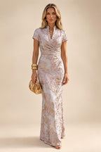 Jacquard Sheath/Column V-Neck Floor-Length Mother of the Bride & Groom Dresses with Ruched Waist
