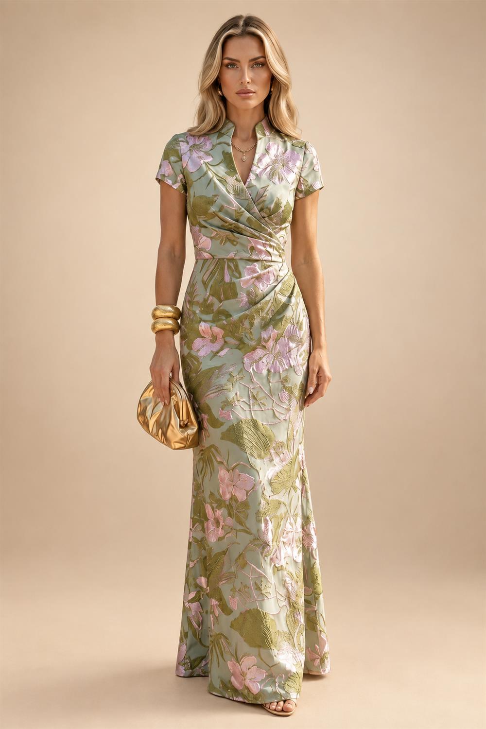 Jacquard Sheath/Column V-Neck Floor-Length Mother of the Bride & Groom Dresses with Ruched Waist