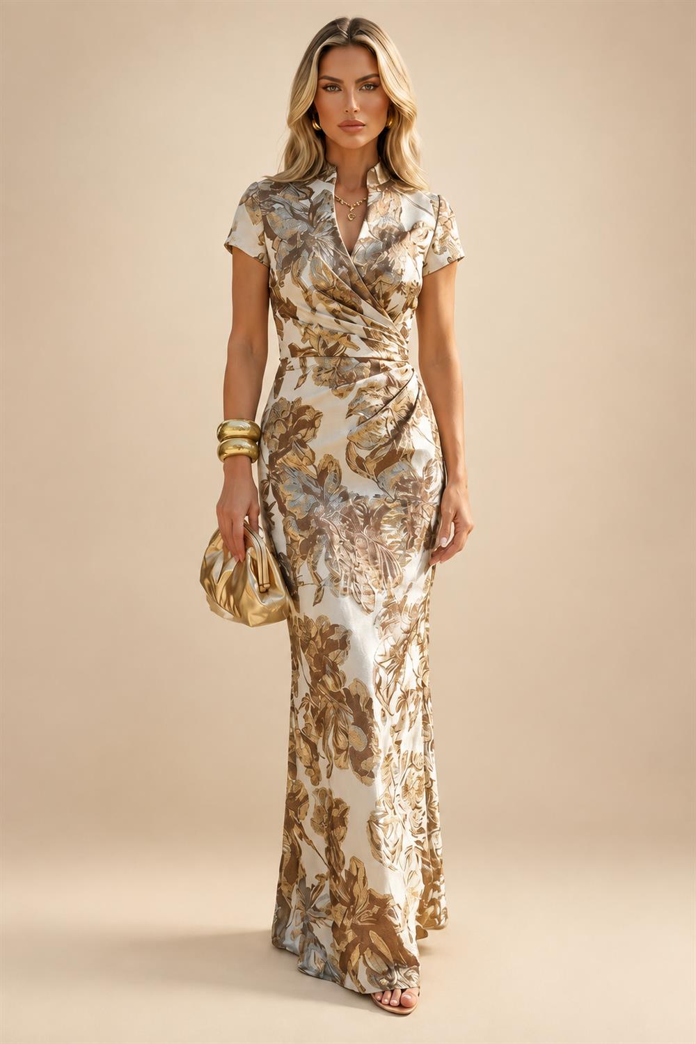 Jacquard Sheath/Column V-Neck Floor-Length Mother of the Bride & Groom Dresses with Ruched Waist