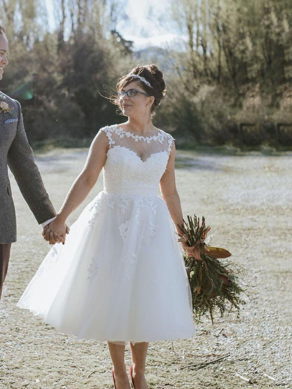 BMBRIDAL Illusion Lace Tea Length A Line Wedding Dress With Appliques