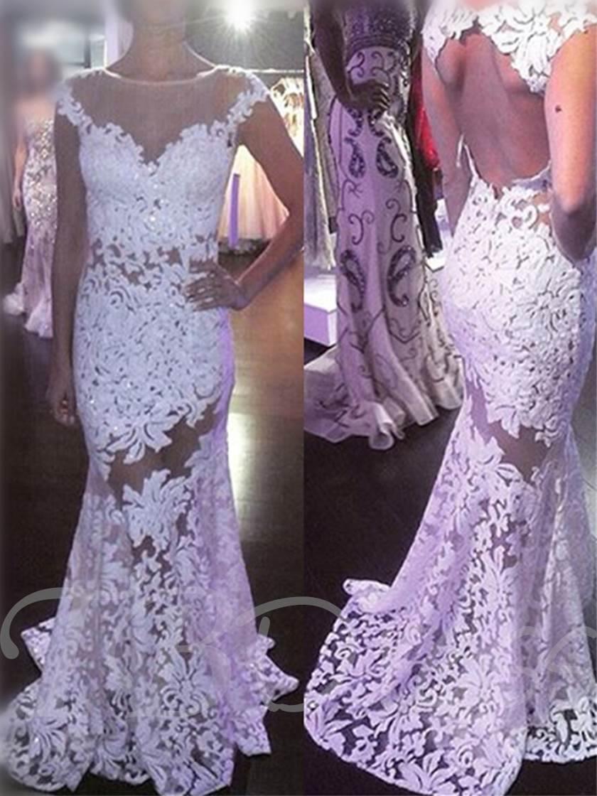 Vestido de novia de encaje con escote sirena ilusión