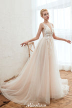 Vestido de novia de verano sin mangas con escote ilusión color champán