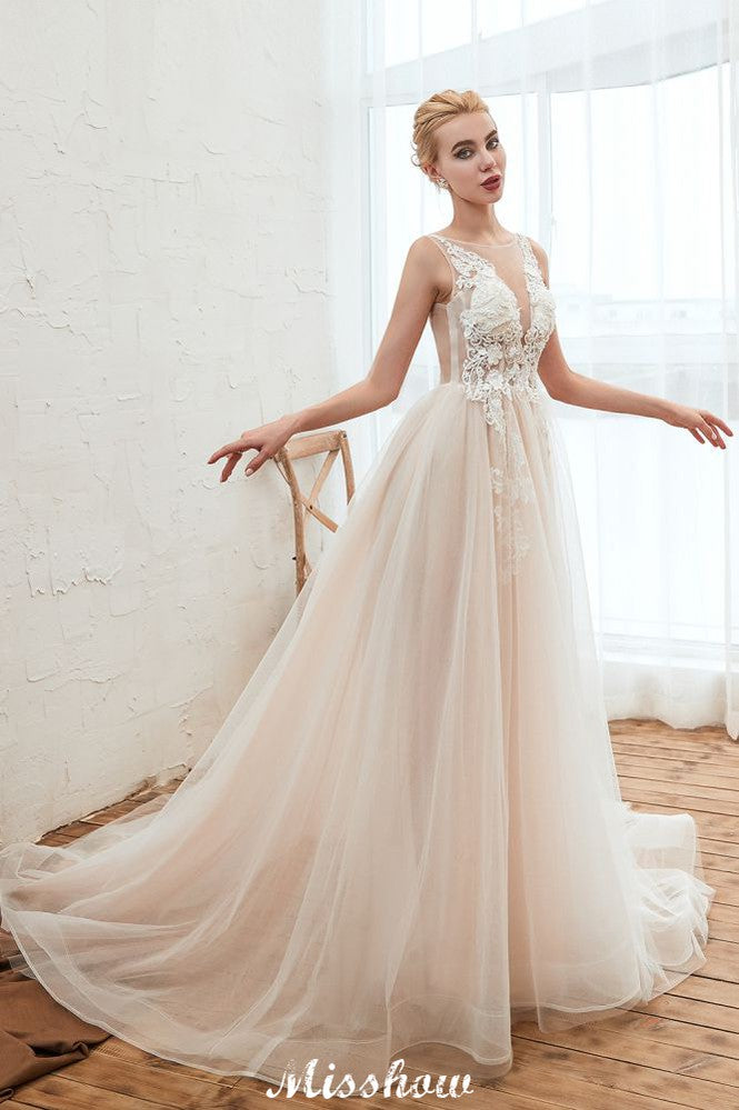 Vestido de novia de verano sin mangas con escote ilusión color champán