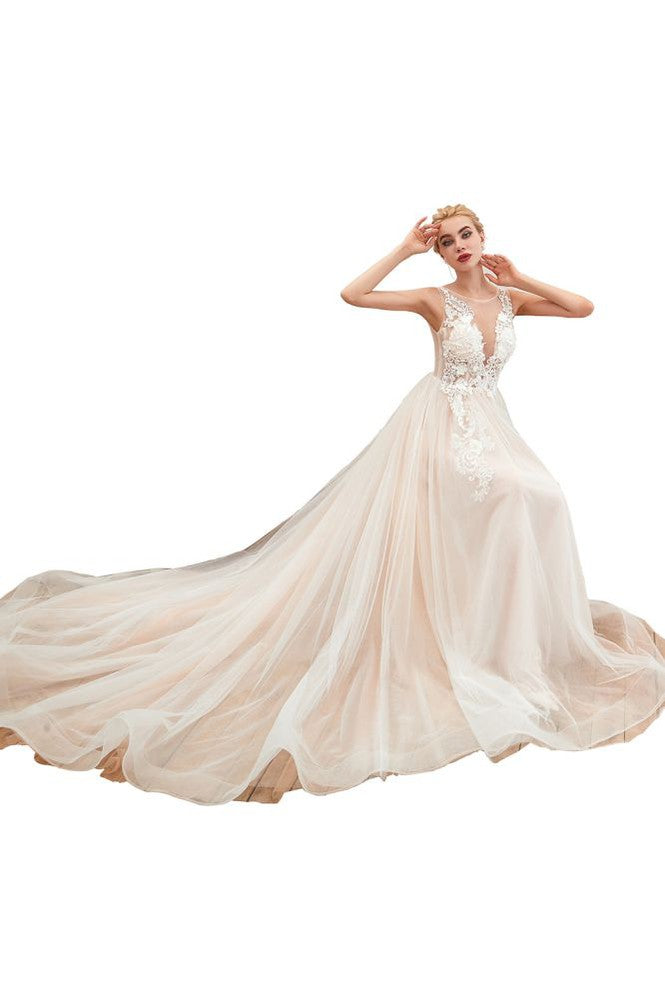 Vestido de novia de verano sin mangas con escote ilusión color champán