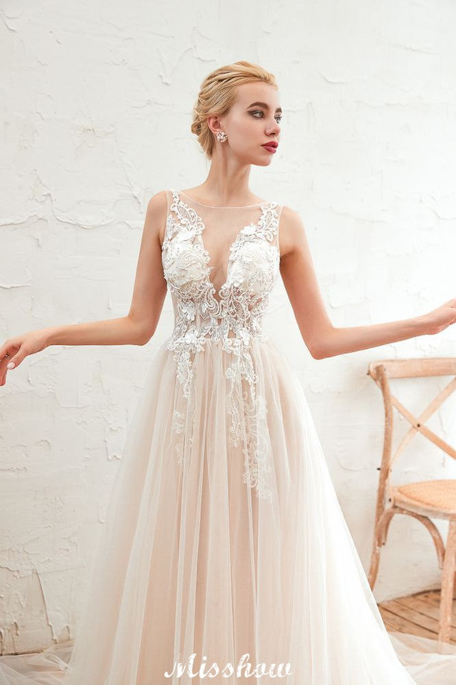 Vestido de novia de verano sin mangas con escote ilusión color champán