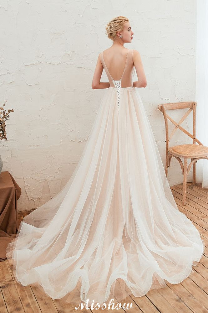 Vestido de novia de verano sin mangas con escote ilusión color champán