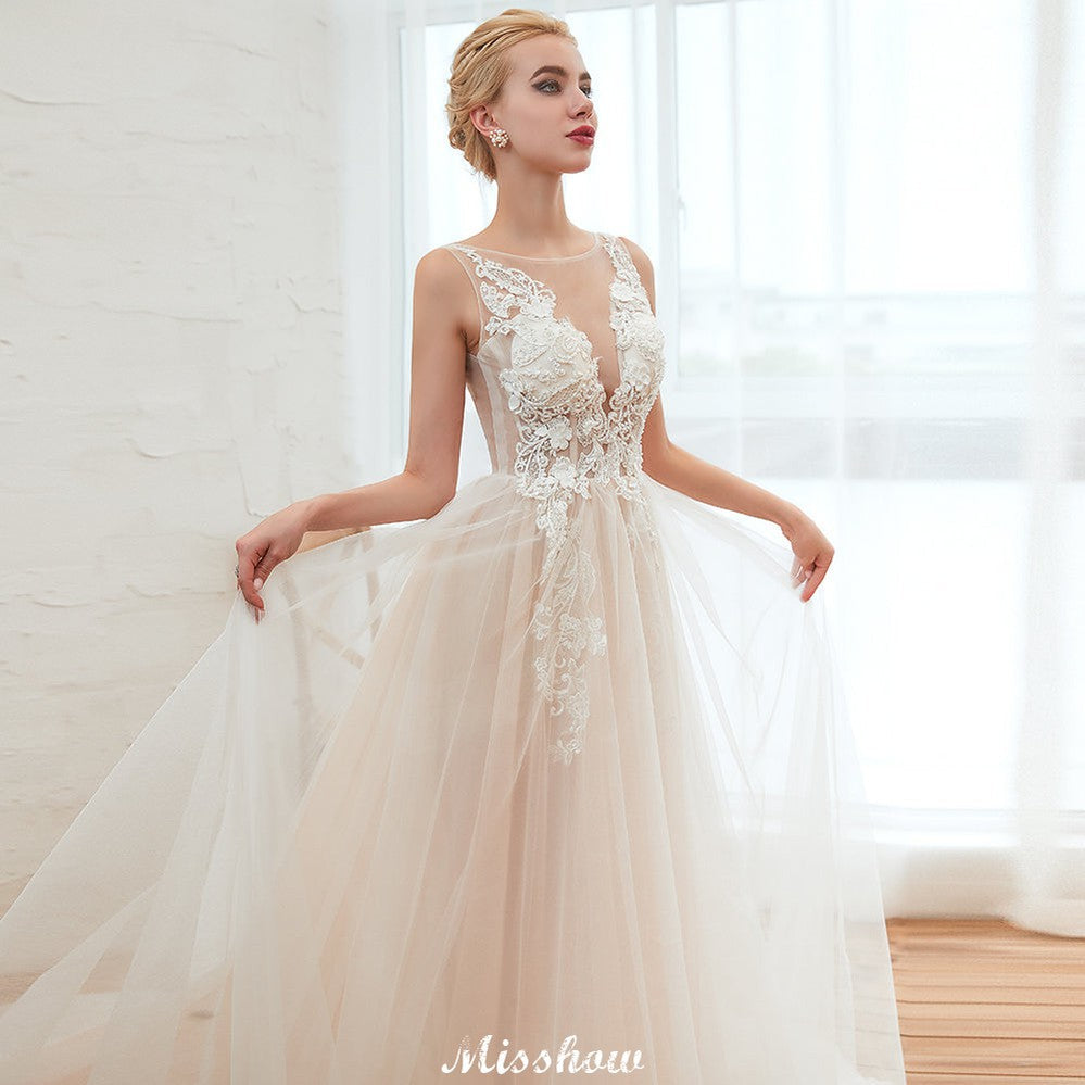 Vestido de novia de verano sin mangas con escote ilusión color champán