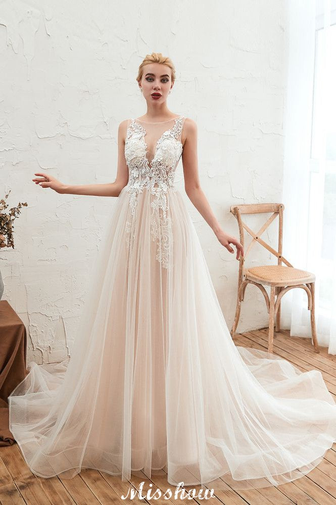 Vestido de novia de verano sin mangas con escote ilusión color champán