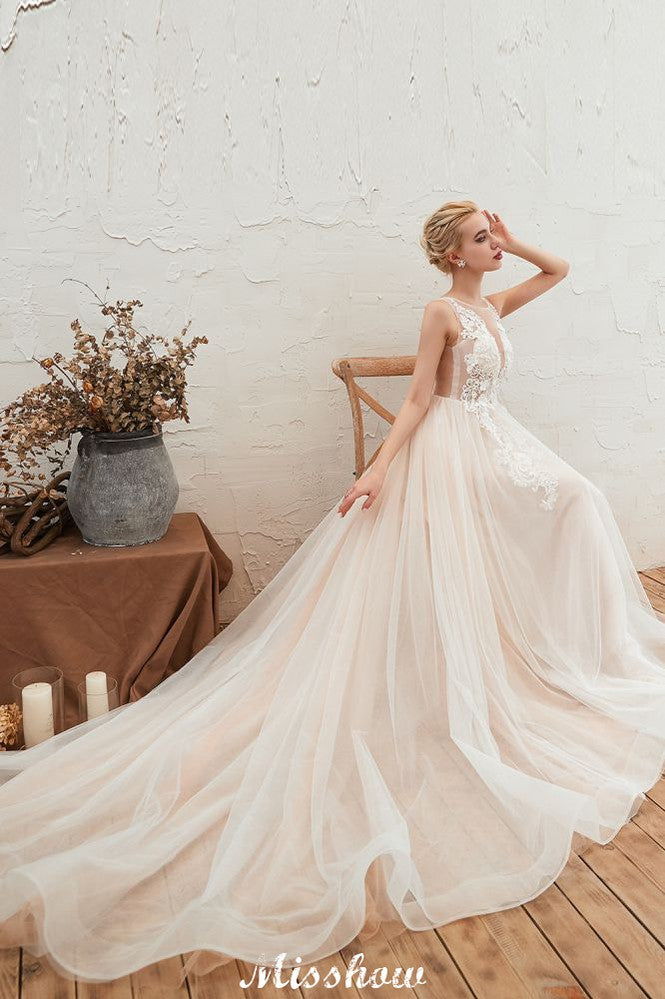 Vestido de novia de verano sin mangas con escote ilusión color champán