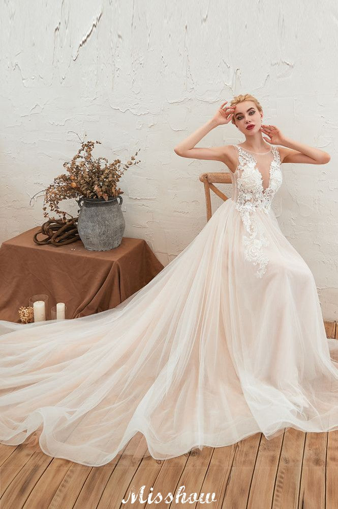 Vestido de novia de verano sin mangas con escote ilusión color champán