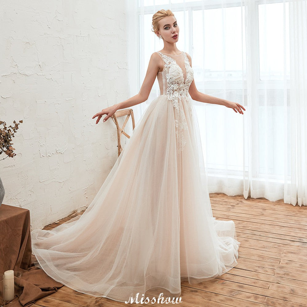 Vestido de novia de verano sin mangas con escote ilusión color champán
