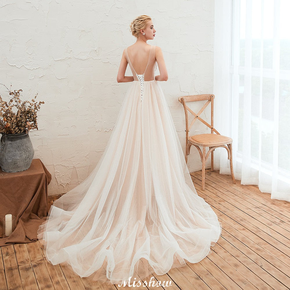 Vestido de novia de verano sin mangas con escote ilusión color champán