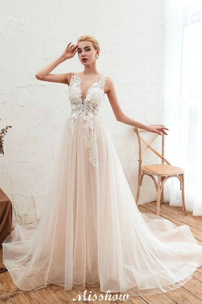 Vestido de novia de verano sin mangas con escote ilusión color champán