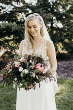 Illusion V-Neck A-line Beach Wedding Dress Chaple Train Sheath Bridal Gown