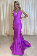 Ilse | Robe longue formelle trompette violette à dos nu avec col halter