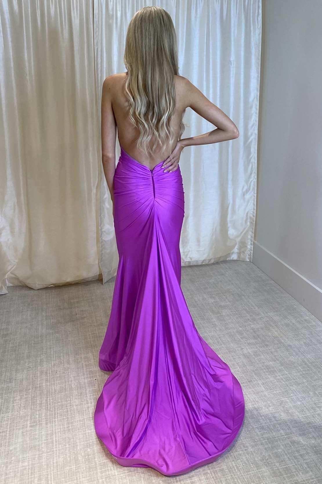 Ilse | Robe longue formelle trompette violette à dos nu avec col halter