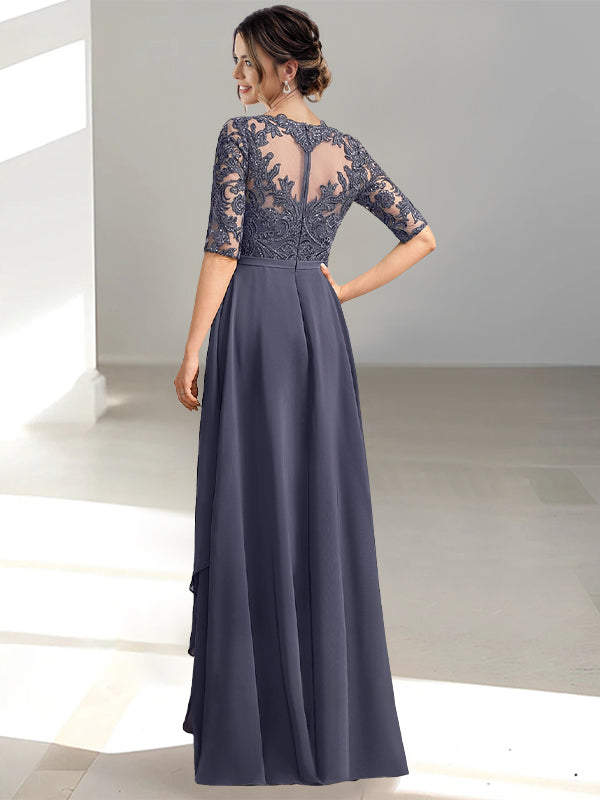 Vestido até ao chão para mãe da noiva com decote redondo