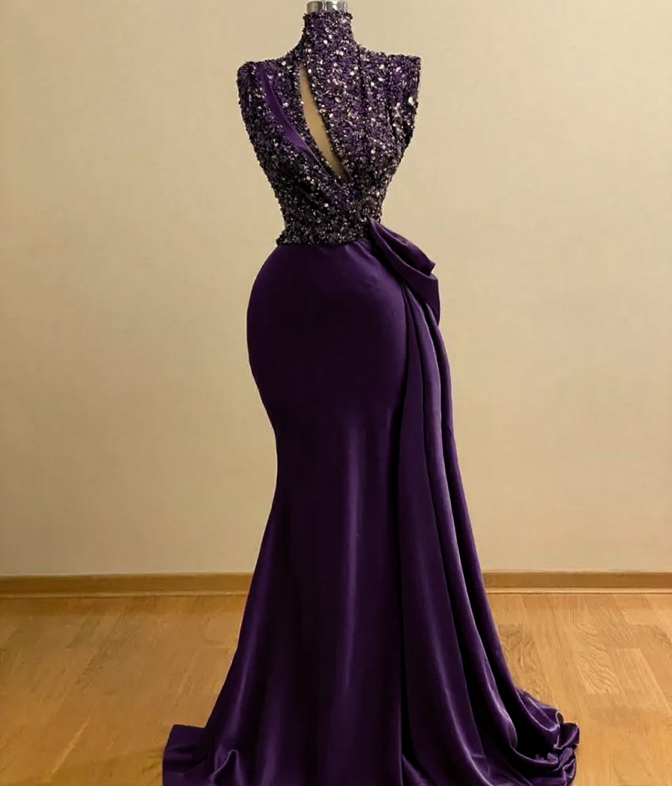 BMbridal High Neck Mermaid Prom Dress Sequins With Ruffle