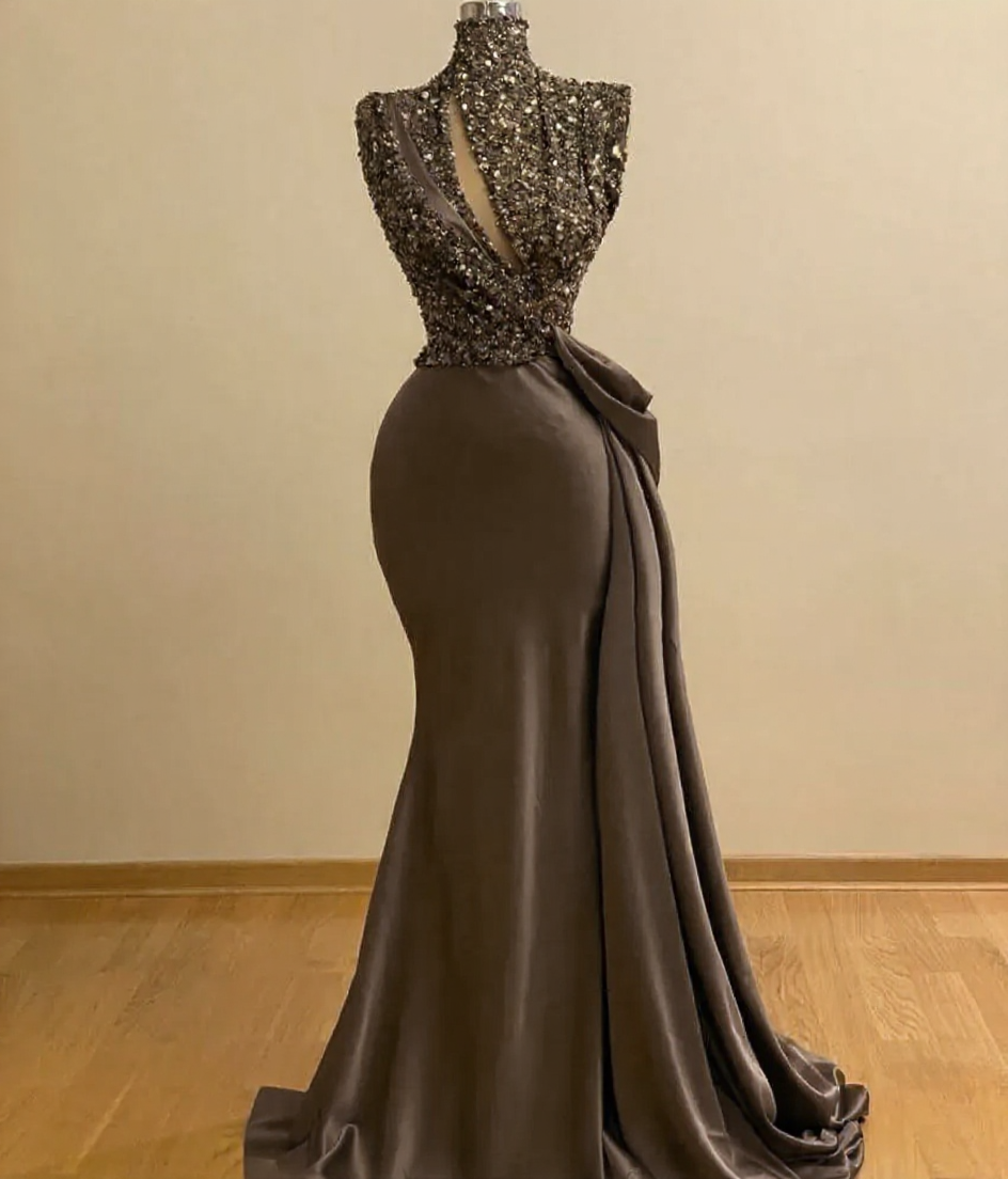 BMbridal High Neck Mermaid Prom Dress Sequins With Ruffle