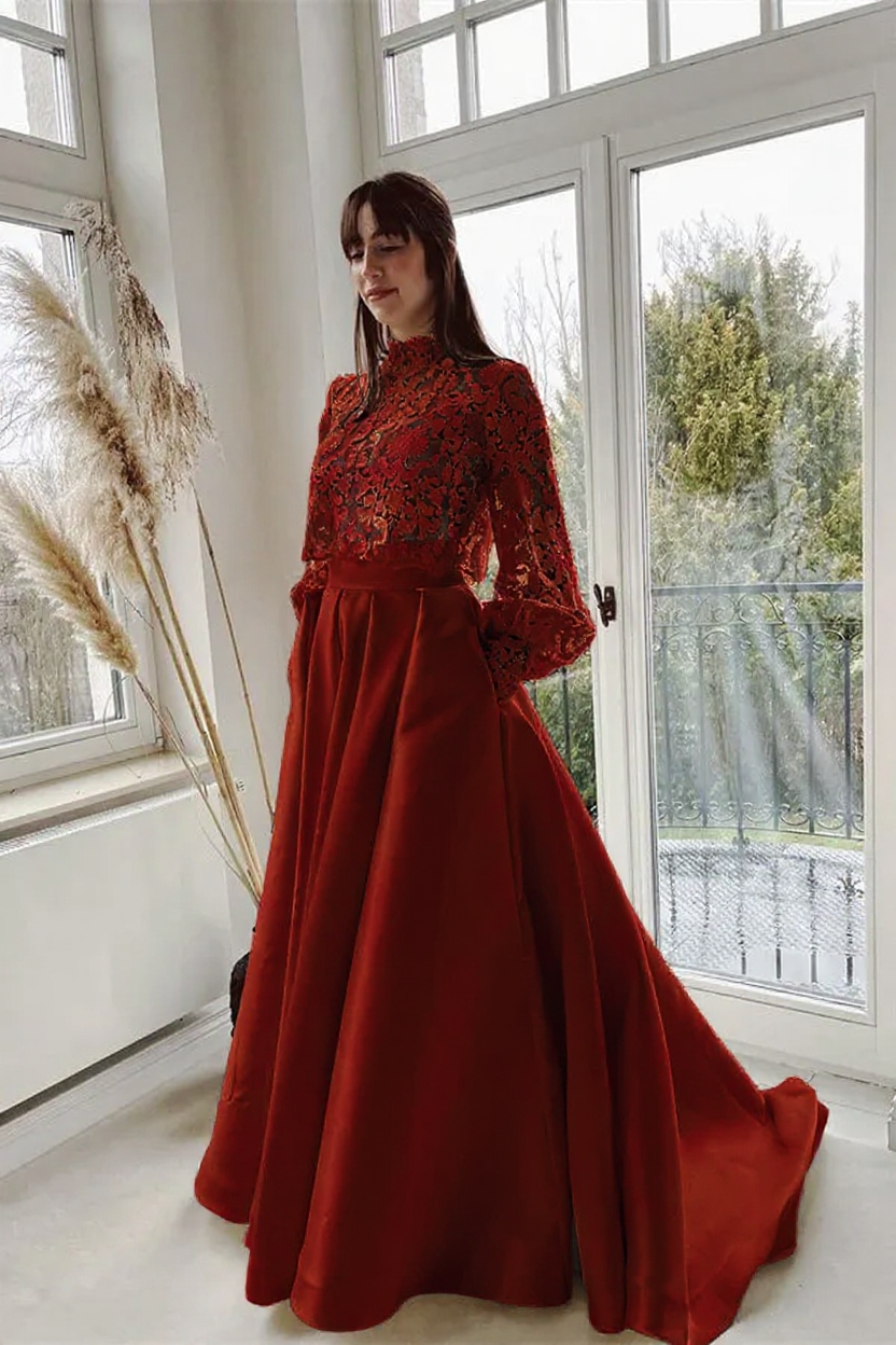 Bmbridal Long Sleeves Lace Satin Mermaid Bridal Dress With Pockets