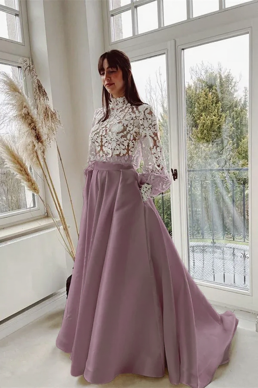 Bmbridal Long Sleeves Lace Satin Mermaid Bridal Dress With Pockets