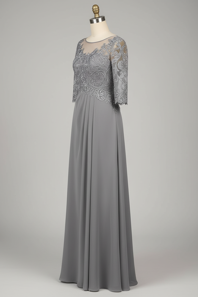 Gray Lace Three Quarter Sleeve A Line Mother Of The Bride Dress 20 Colors