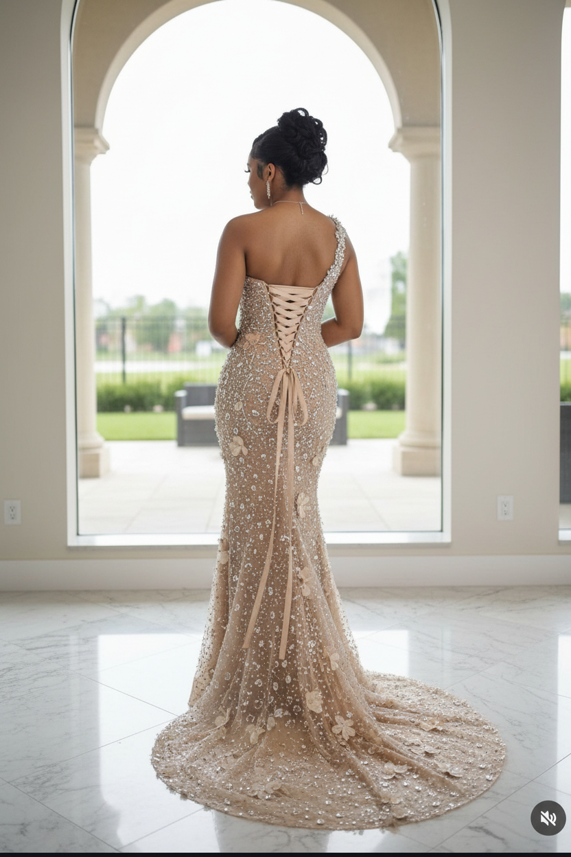 Champagne Beaded Mermaid Prom Dress With Crystal Embellishments Floral Appliques