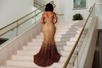 Golden Sunset Ombre Beaded Mermaid Prom Dress With Feather Trim