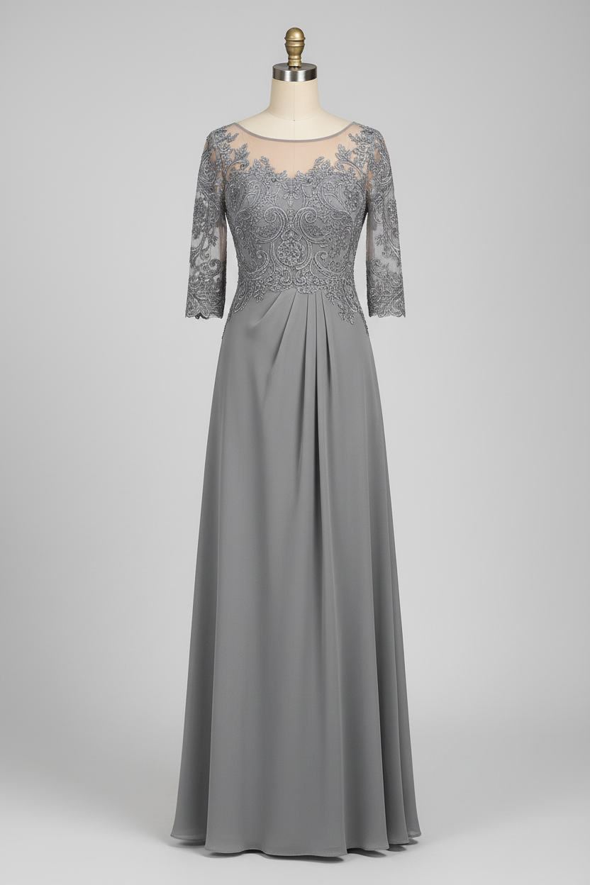 Gray Lace Three Quarter Sleeve A Line Mother Of The Bride Dress 20 Colors