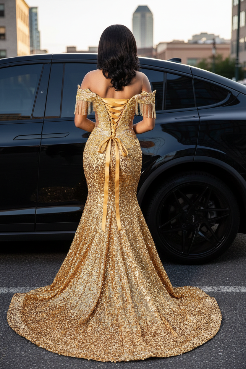 Golden Hour Glamour Beaded Fringe Mermaid Prom Dress Plunging Neckline