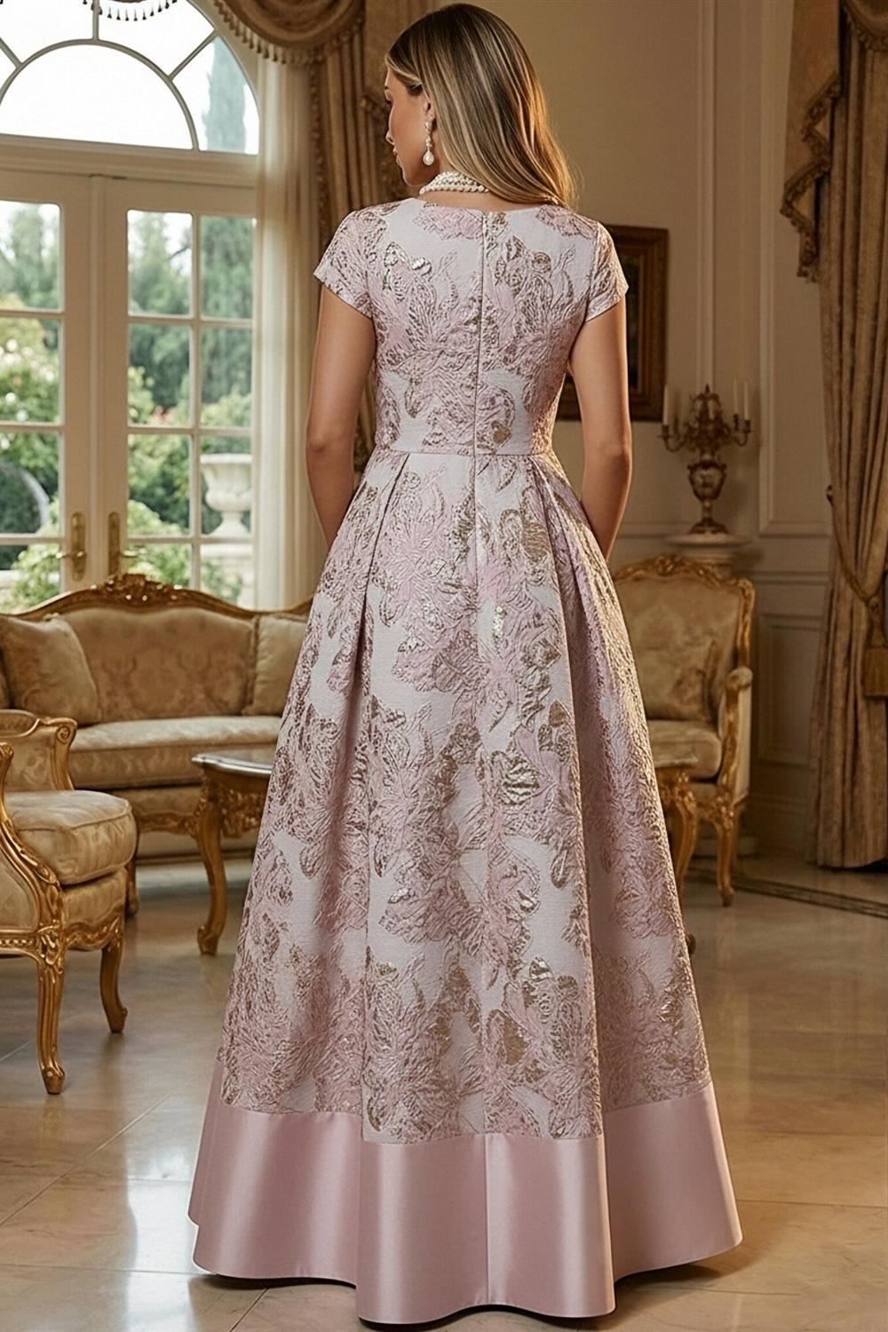 A-Line Floral Jacquard Floor-Length Mother of the Bride & Groom Dresses with V-Neck, Cap Sleeves (SHI22500480)