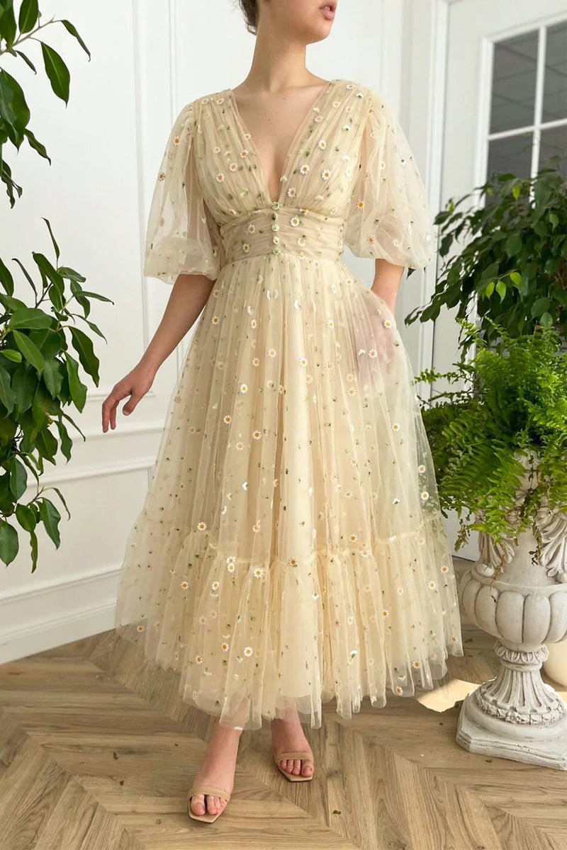 A-line V Neck Sea of Daisies Dress Engagement Ankle Length Half Sleeve High Neck Tulle with Buttons Pleats