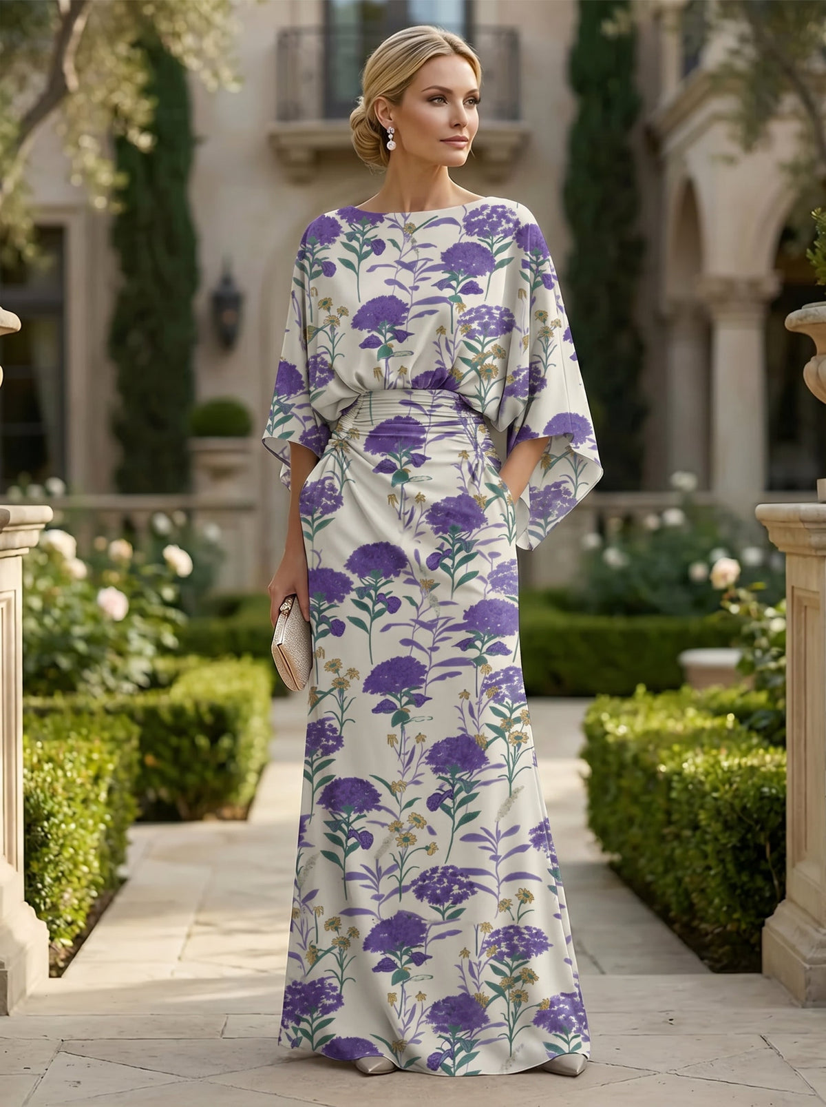 Sheath Chiffon Floral Print Cape Sleeves Mother of the Bride & Groom Dresses for Formal Wedding (SHI22500682)