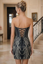 Sequin Bodycon Strapless Short Homecoming Dresses with Corset & Ruched Waist (SHI24200411)