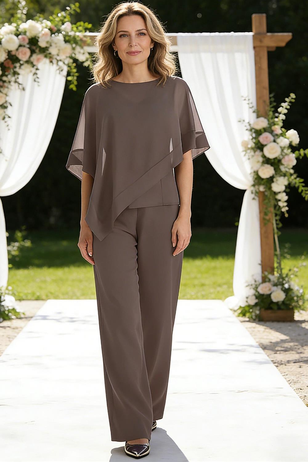 Lightweight Sheath Tea-Length Chiffon Mother of the Bride & Groom Dresses with Cowl Neck & Ruched Waist (SHI22500689)