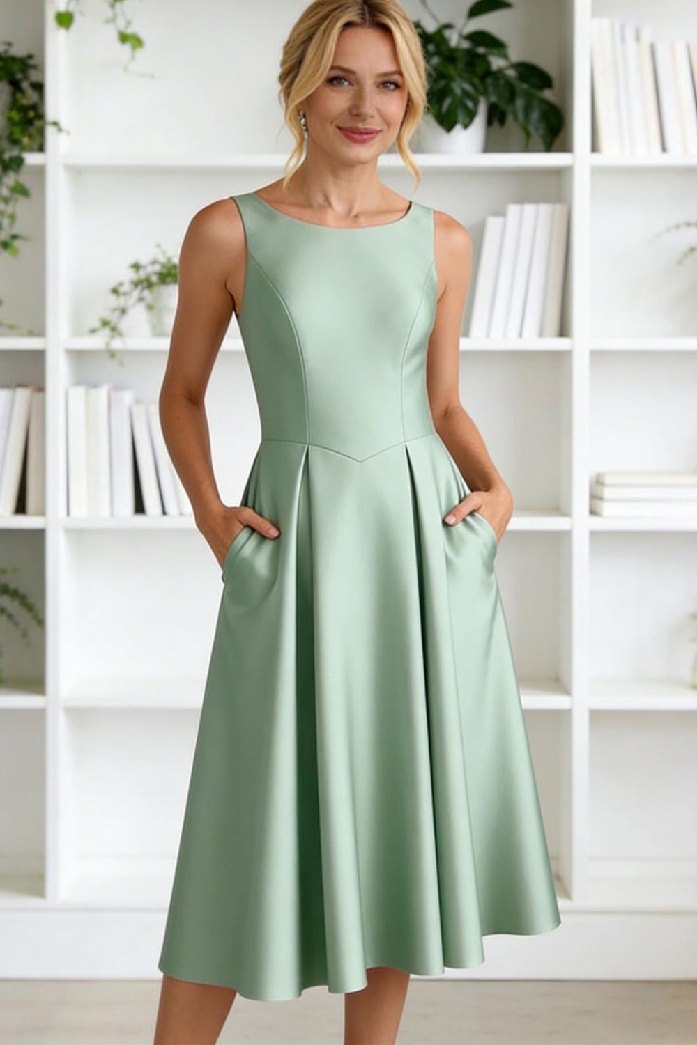 A-Line/Princess Scoop Neck Satin Tea-Length Mother of the Bride Dresses with Pockets (SHI22500122)