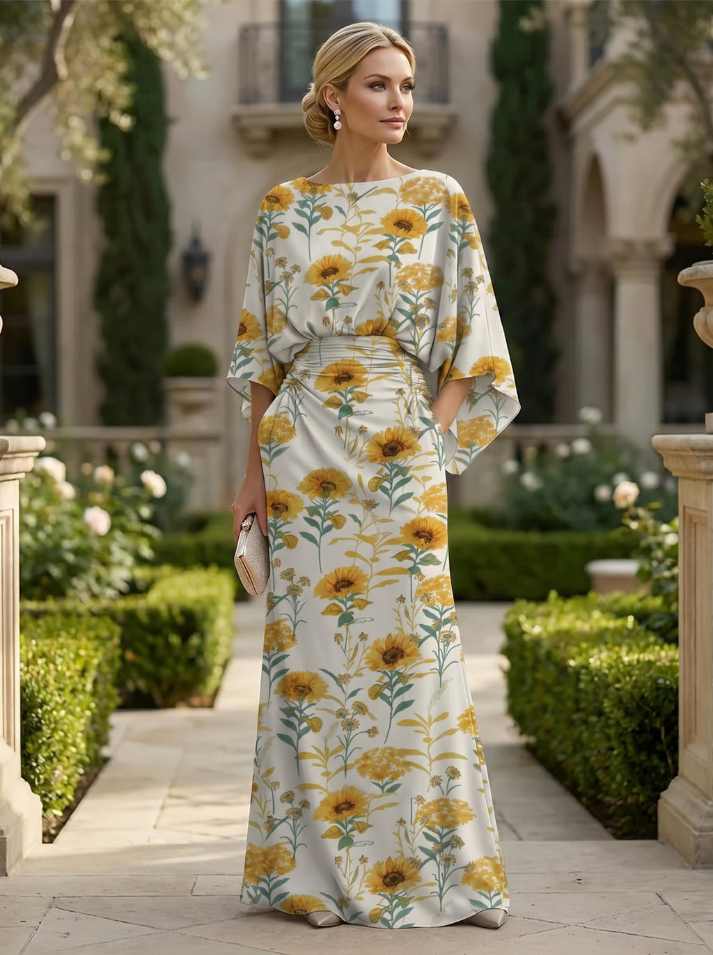 Sheath Chiffon Floral Print Cape Sleeves Mother of the Bride & Groom Dresses for Formal Wedding (SHI22500682)