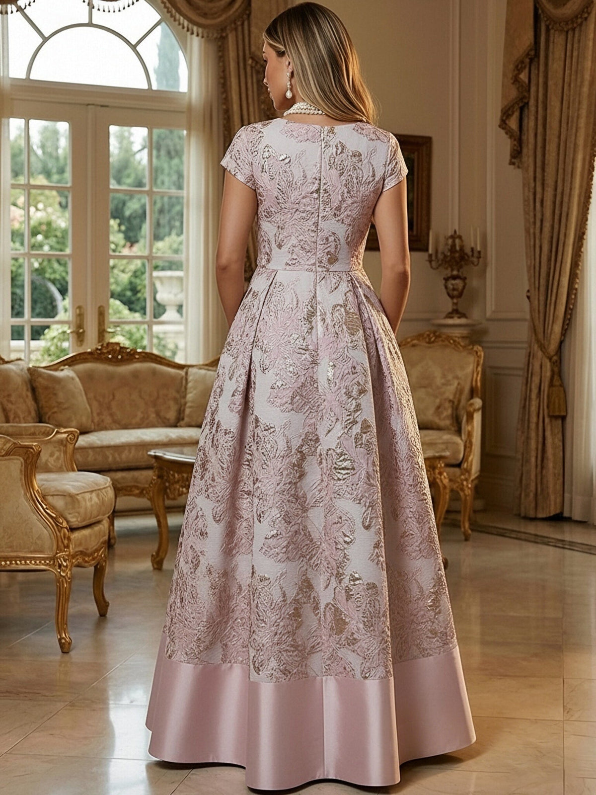 A-Line Floral Jacquard Floor-Length Mother of the Bride & Groom Dresses with V-Neck, Cap Sleeves (SHI22500480)