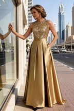 A-Line/Princess Scoop Neck Pleated Satin Evening Dresses with Sequins (SHI22500066)