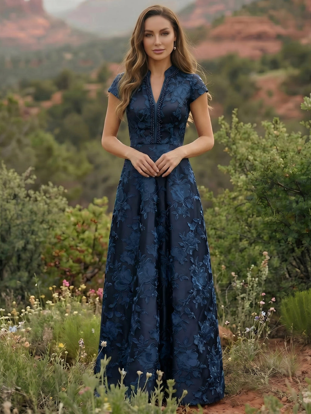 Satin V Neck Floral Print A Line Mother of the Bride Dresses (SHIR1110445)