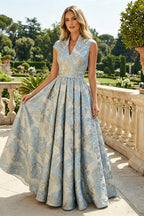 Cape Sleeve Jacquard Satin Ruched Mother of the Bride Dresses (SHI22500526)