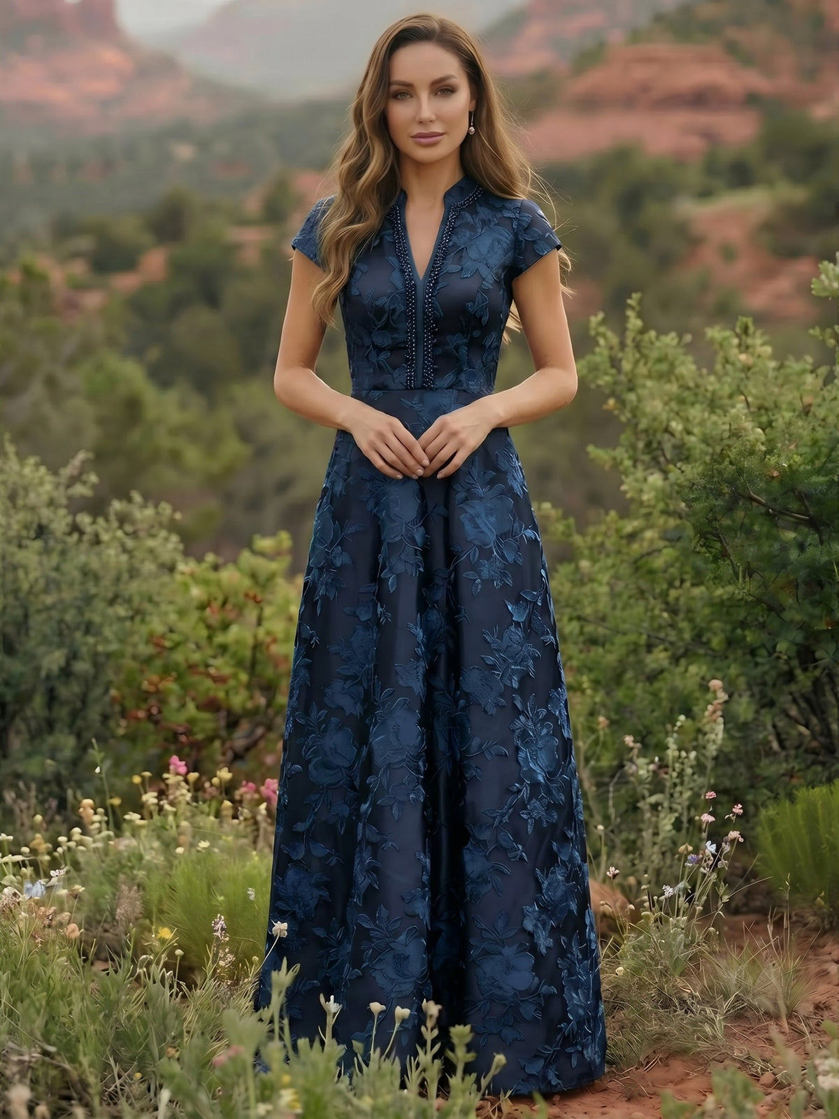 Satin V Neck Floral Print A Line Mother of the Bride Dresses (SHIR1110445)