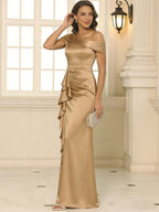 Sheath/Column Asymmetrical Pleated Satin Floor-Length Mother of the Bride Dresses with Ruffle (SHI22500107)
