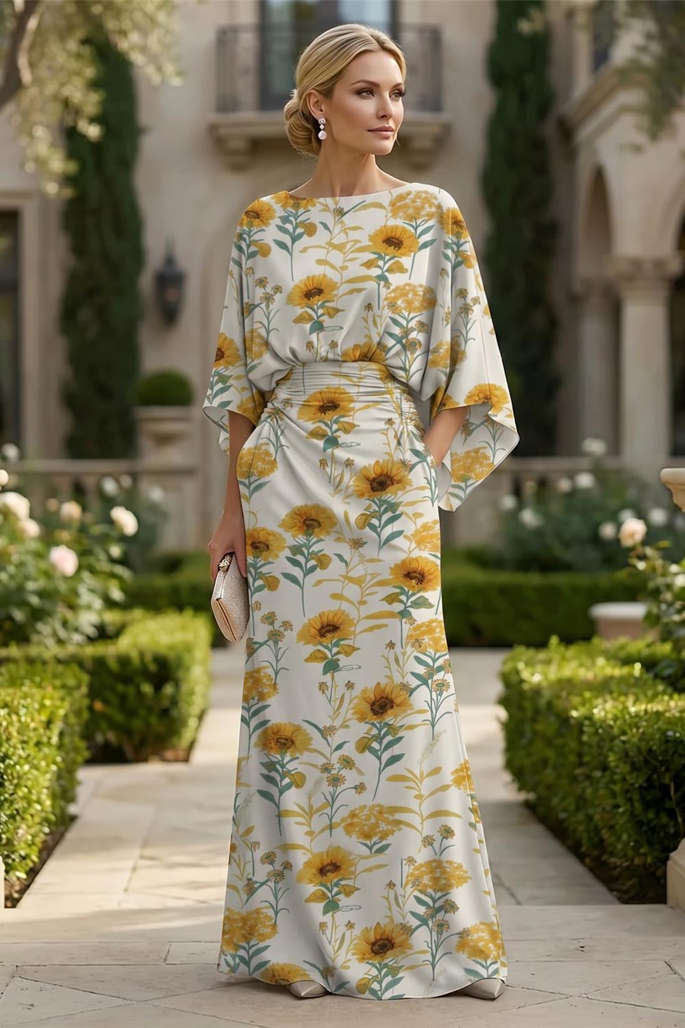Sheath Chiffon Floral Print Cape Sleeves Mother of the Bride & Groom Dresses for Formal Wedding (SHI22500682)