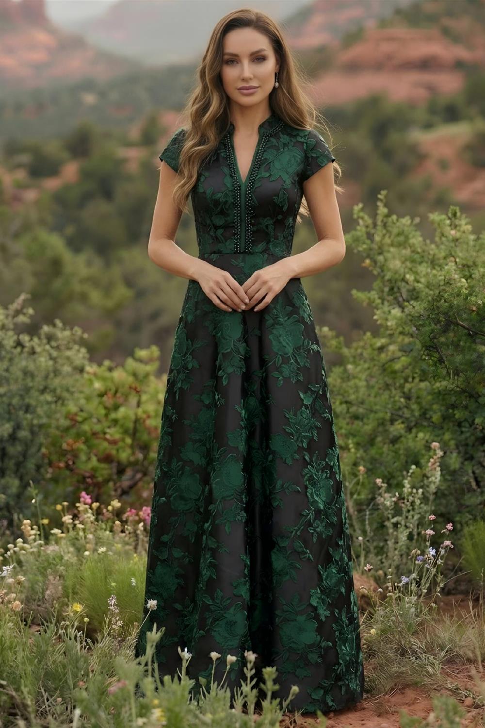 Satin V Neck Floral Print A Line Mother of the Bride Dresses (SHIR1110445)