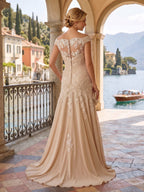 A-Line/Princess V-Neck Chiffon Floor-Length Mother of the Bride & Groom Dresses with Lace Appliques & Ruched Waist (SHI22501678)